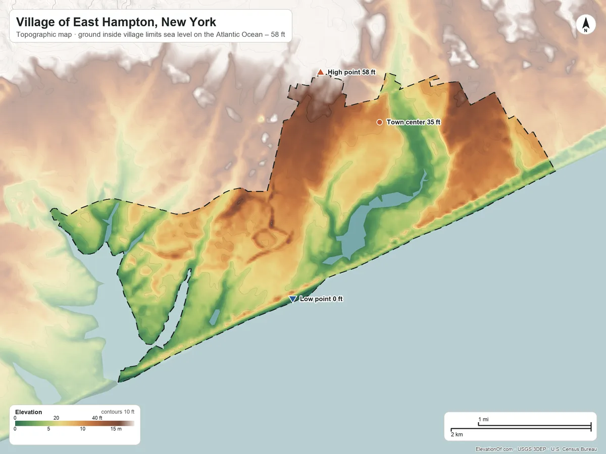 Topographic elevation map of Village of East Hampton, New York, shaded from sea level level on the Atlantic Ocean to 58 ft on the northwest side