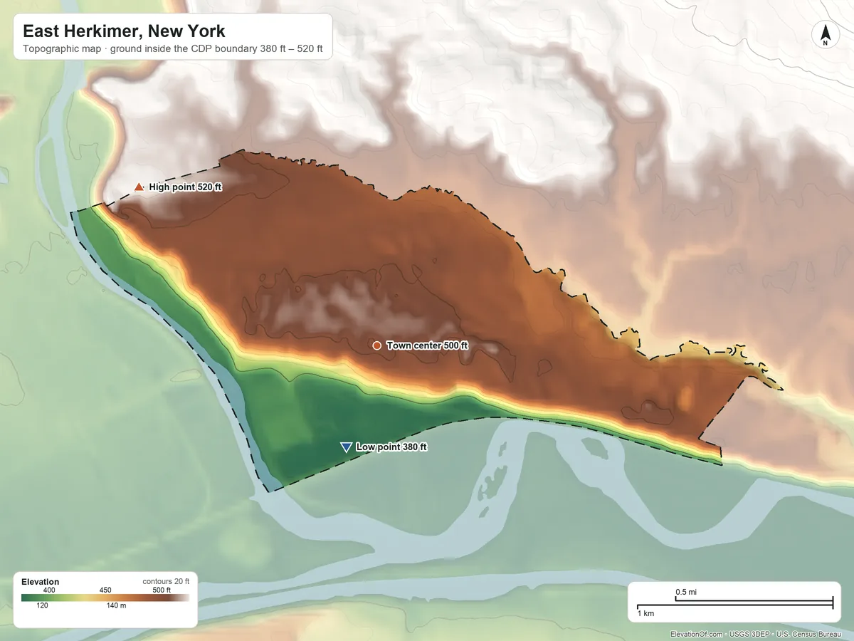 Topographic elevation map of East Herkimer, New York, shaded from 380 ft on the south side to 520 ft on the northwest edge, below higher ground just outside
