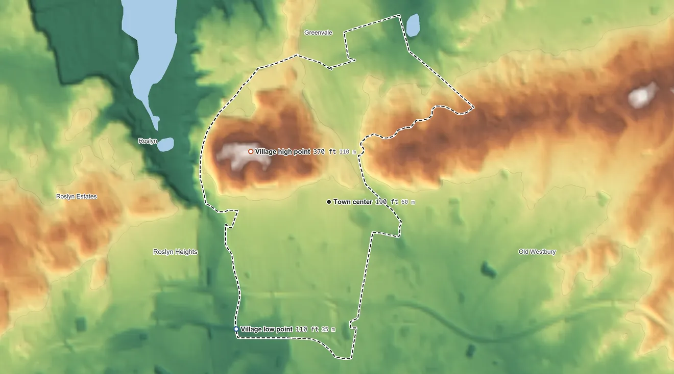 Topographic elevation map of East Hills, New York, shaded from 110 ft on the southwest side to 370 ft on Harbor Hill