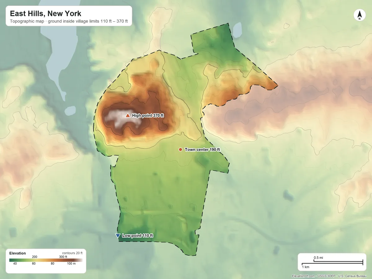 Topographic elevation map of East Hills, New York, shaded from 110 ft on the southwest side to 370 ft on Harbor Hill