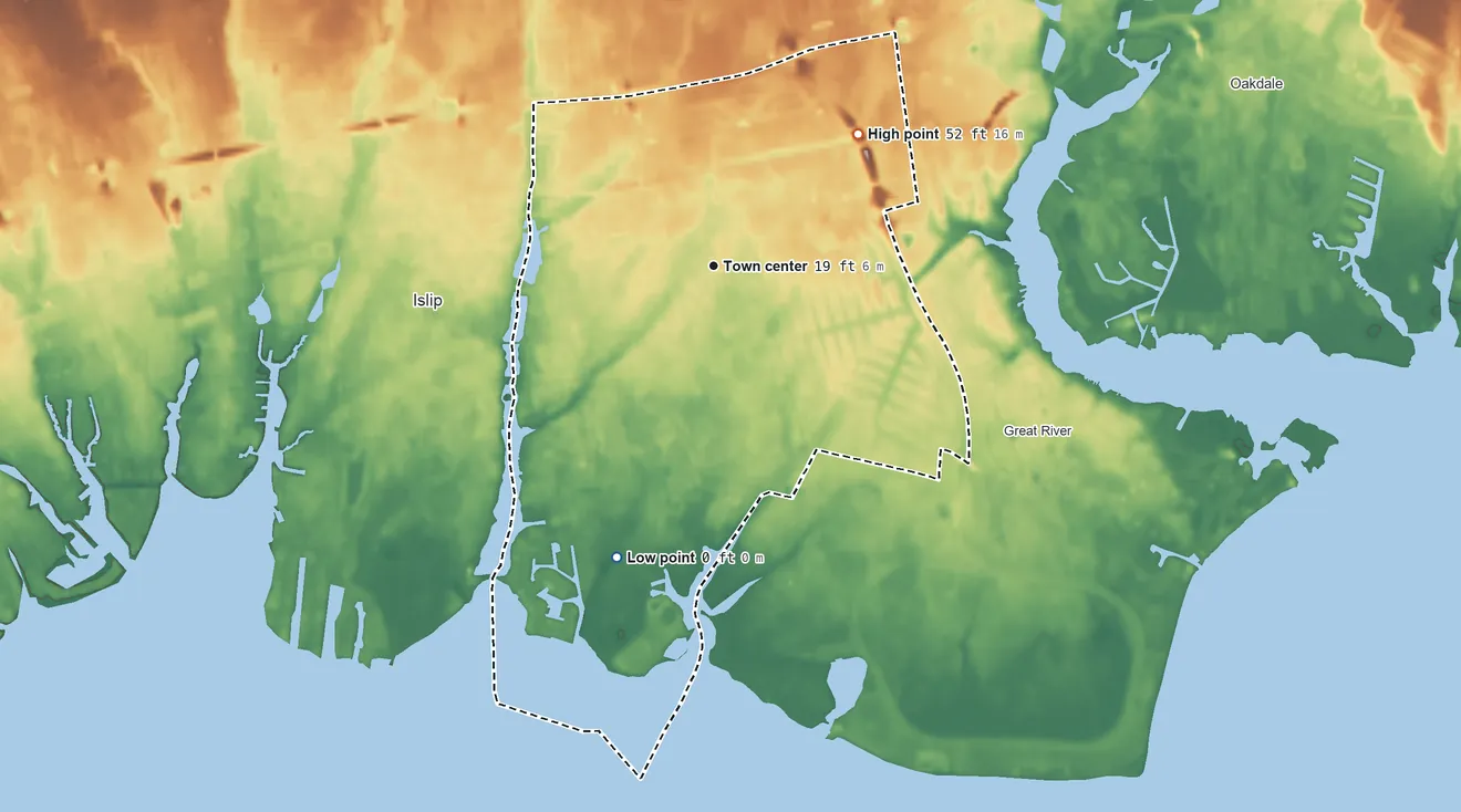 Topographic elevation map of East Islip, New York, shaded from sea level level on Great South Bay to 52 ft on the northeast side