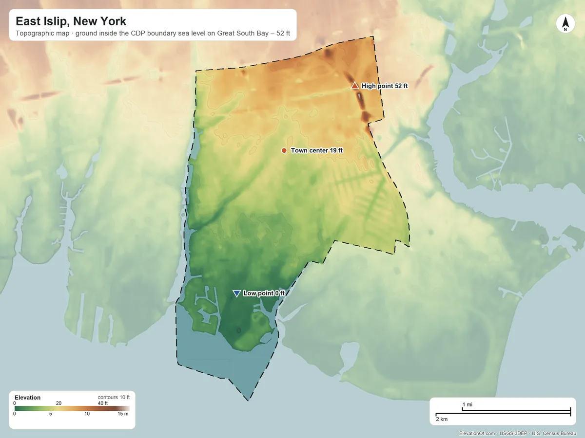 Topographic elevation map of East Islip, New York, shaded from sea level level on Great South Bay to 52 ft on the northeast side