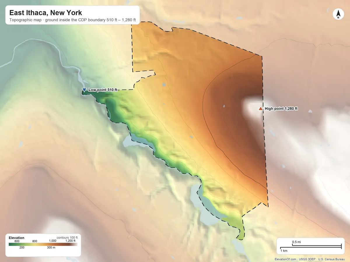 Topographic elevation map of East Ithaca, New York, shaded from 510 ft on the west side to 1,280 ft on Hungerford Hill