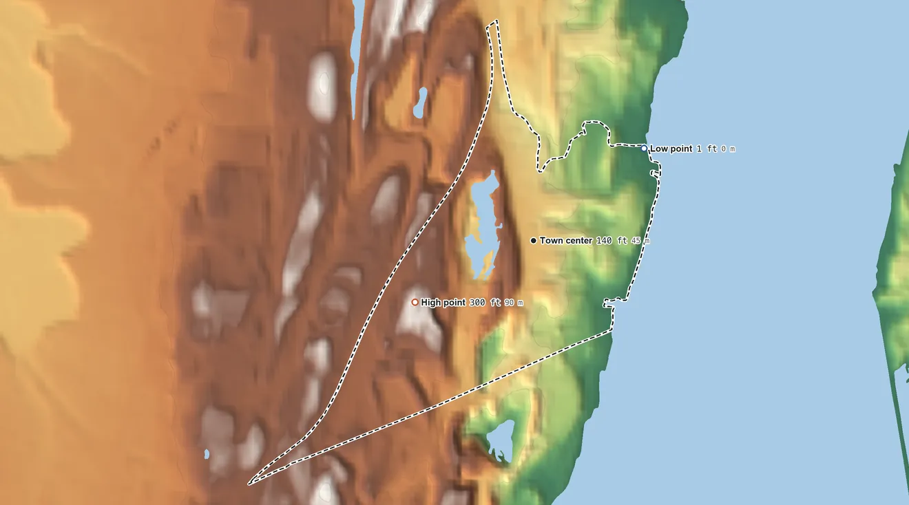 Topographic elevation map of East Kingston, New York, shaded from 1 ft on the northeast side to 300 ft on the southwest side