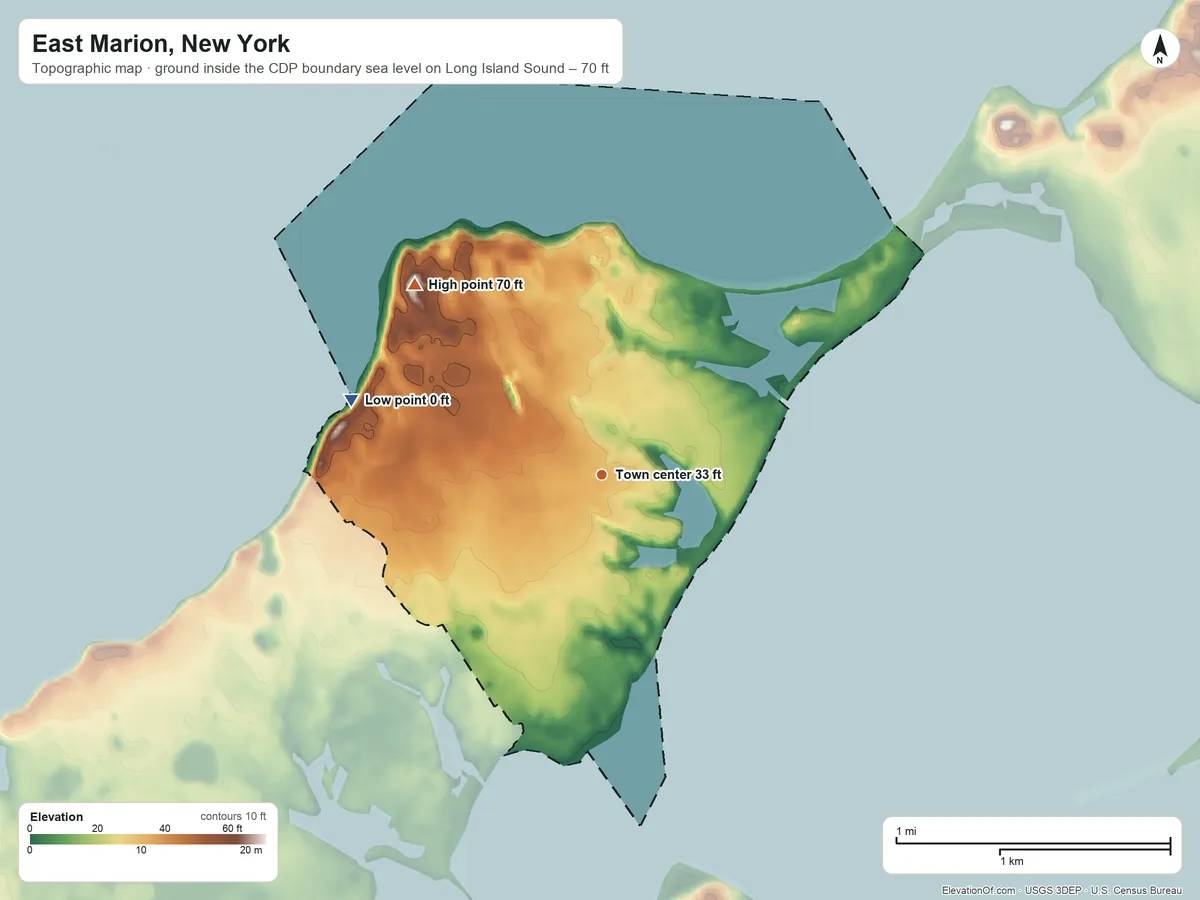 Topographic elevation map of East Marion, New York, shaded from sea level level on Long Island Sound to 70 ft on the northwest side