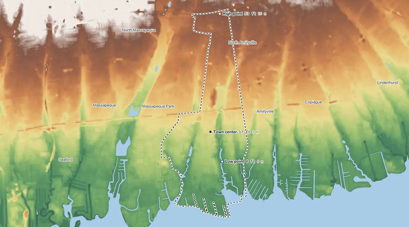 Topographic elevation map of East Massapequa, New York, shaded from sea level level on South Oyster Bay to 53 ft on the north side
