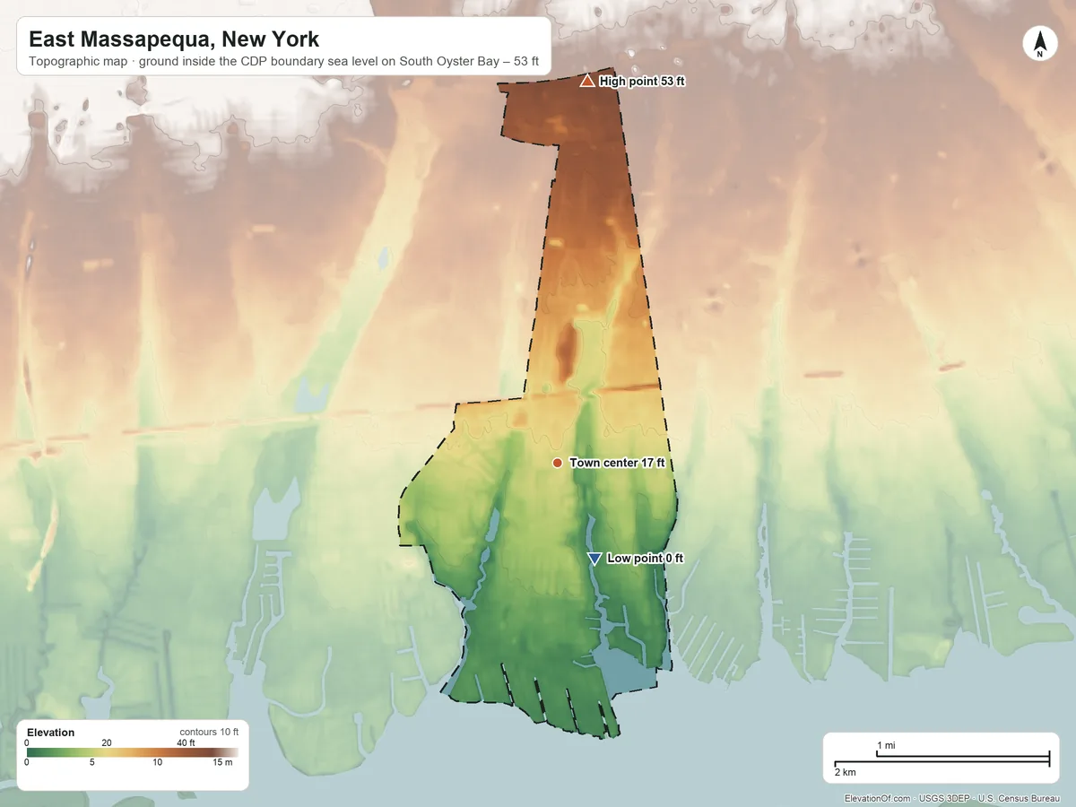 Topographic elevation map of East Massapequa, New York, shaded from sea level level on South Oyster Bay to 53 ft on the north side