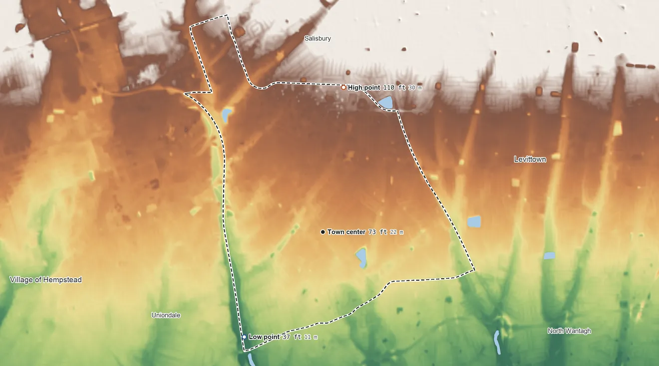 Topographic elevation map of East Meadow, New York, shaded from 37 ft on the southwest side to 110 ft on the north side