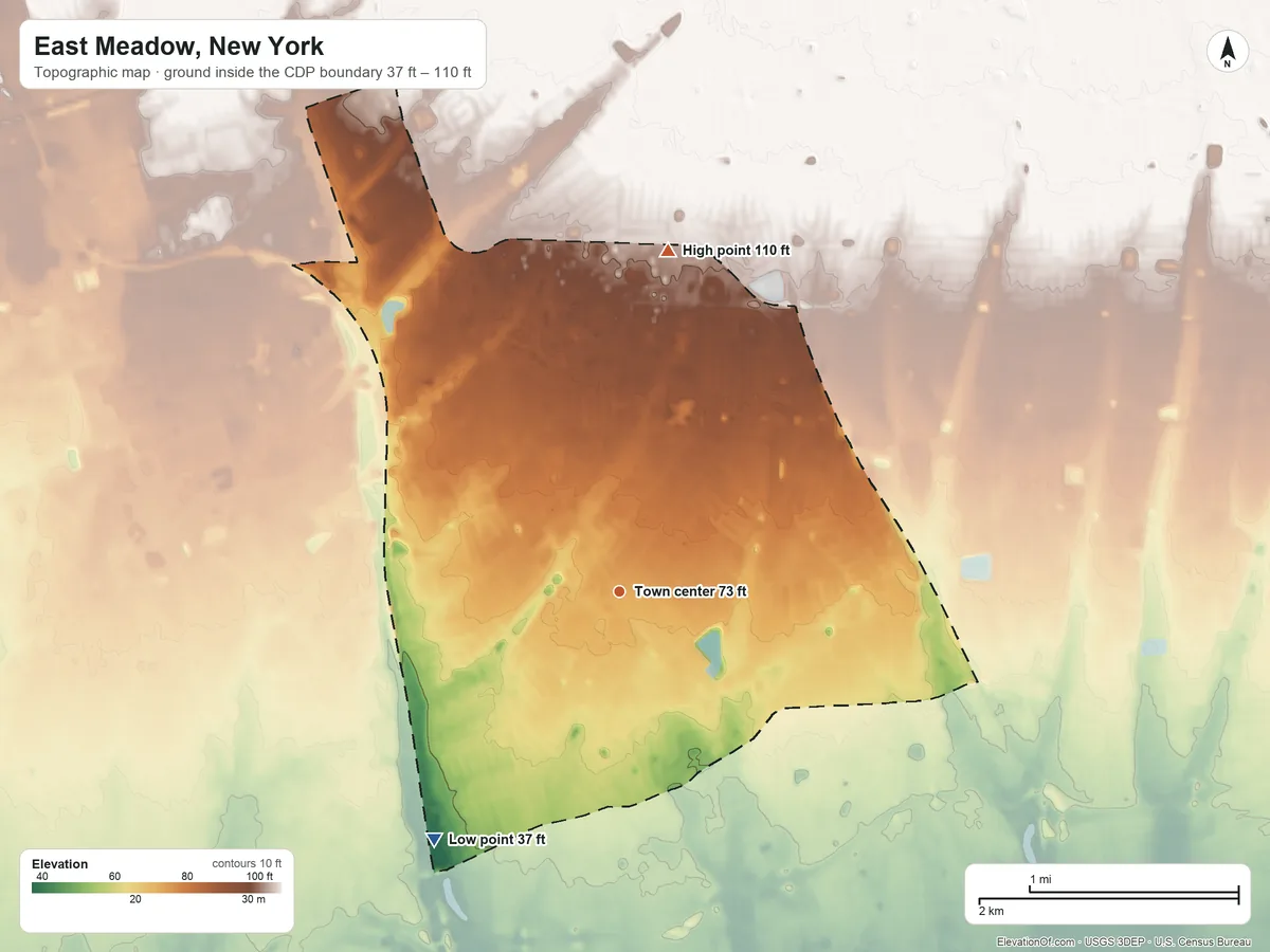 Topographic elevation map of East Meadow, New York, shaded from 37 ft on the southwest side to 110 ft on the north side