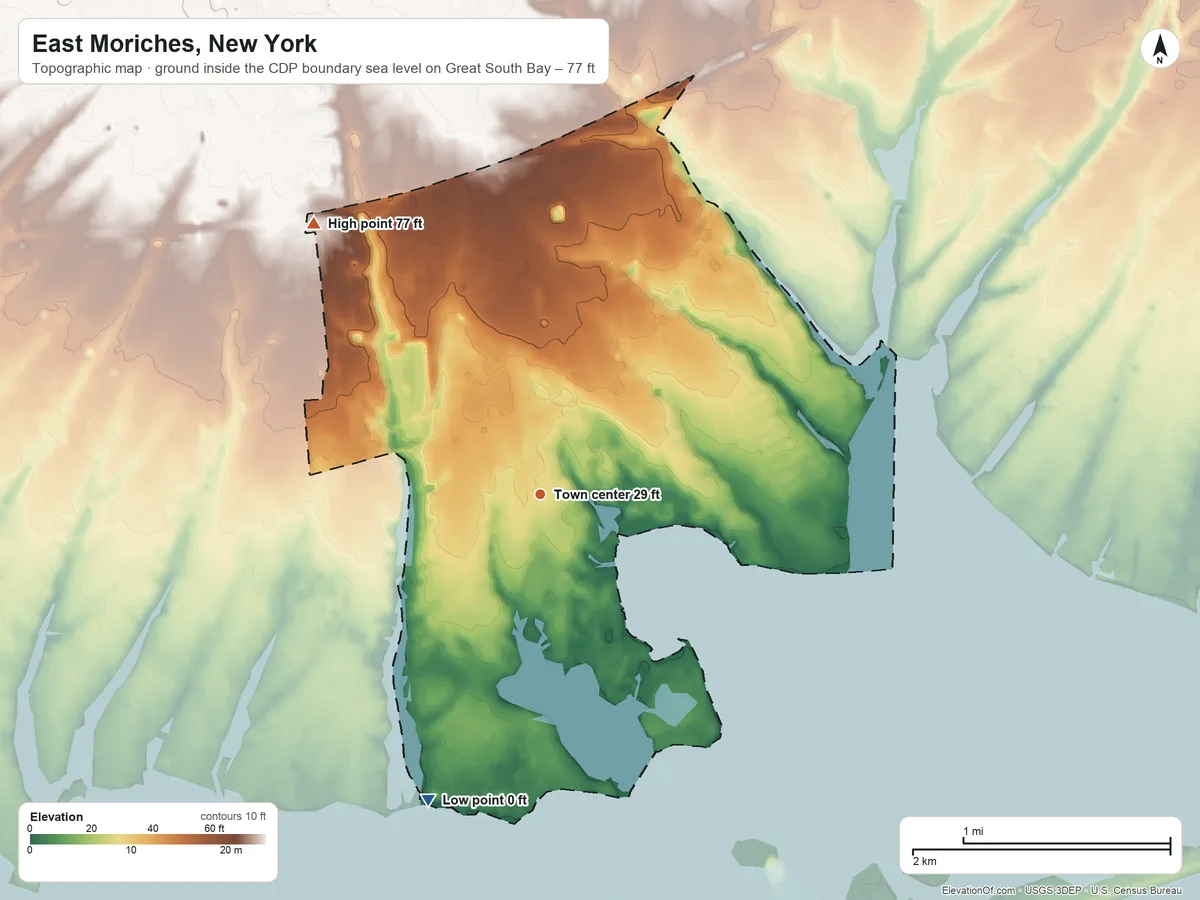 Topographic elevation map of East Moriches, New York, shaded from sea level level on Great South Bay to 77 ft on the northwest side