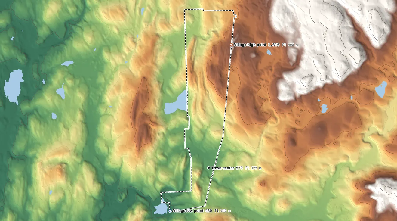 Topographic elevation map of East Nassau, New York, shaded from 480 ft on the southwest side to 1,310 ft on the north side