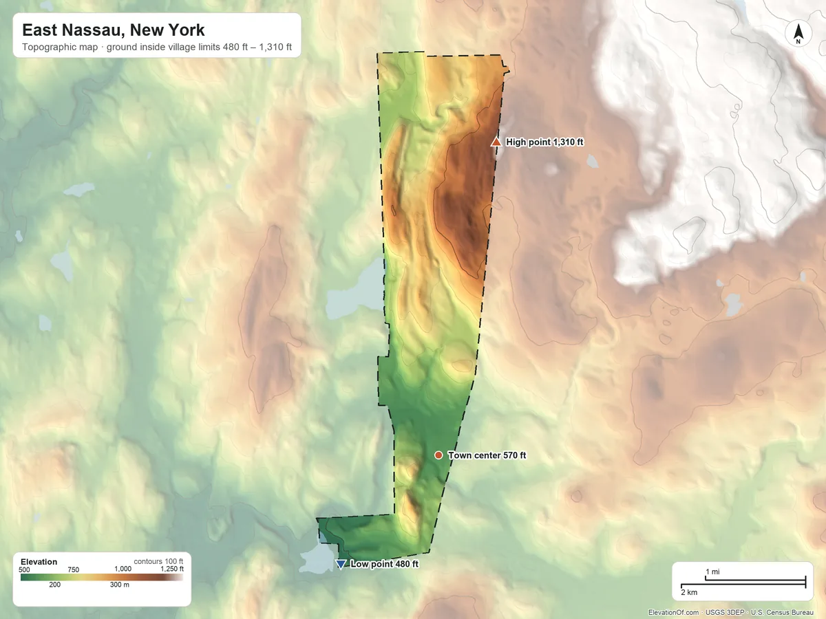 Topographic elevation map of East Nassau, New York, shaded from 480 ft on the southwest side to 1,310 ft on the north side