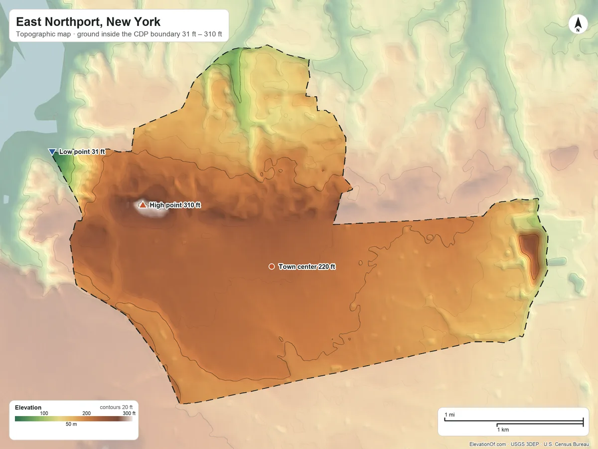 Topographic elevation map of East Northport, New York, shaded from 31 ft on the northwest side to 310 ft on the northwest side