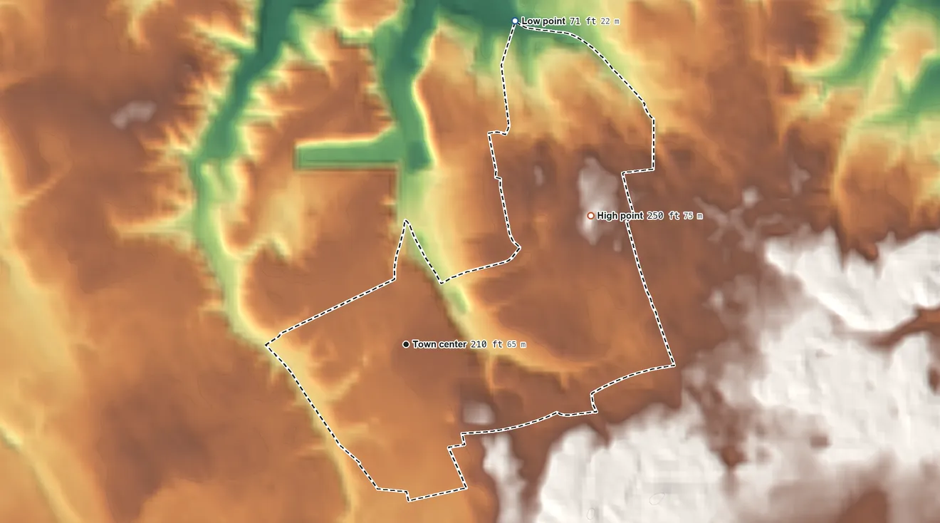 Topographic elevation map of East Norwich, New York, shaded from 71 ft on the north side to 250 ft on the northeast side
