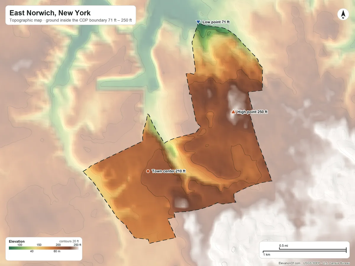 Topographic elevation map of East Norwich, New York, shaded from 71 ft on the north side to 250 ft on the northeast side