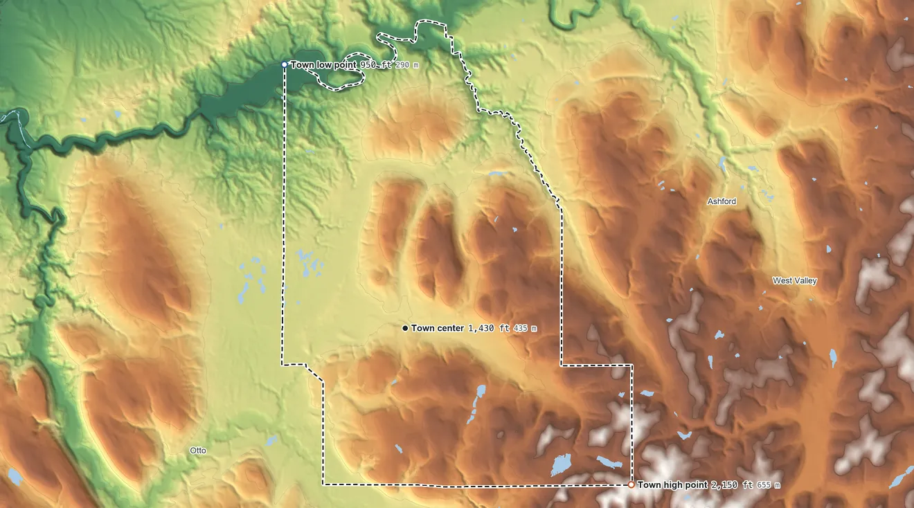 Topographic elevation map of East Otto, New York, shaded from 950 ft on the northwest side to 2,150 ft on the southeast side