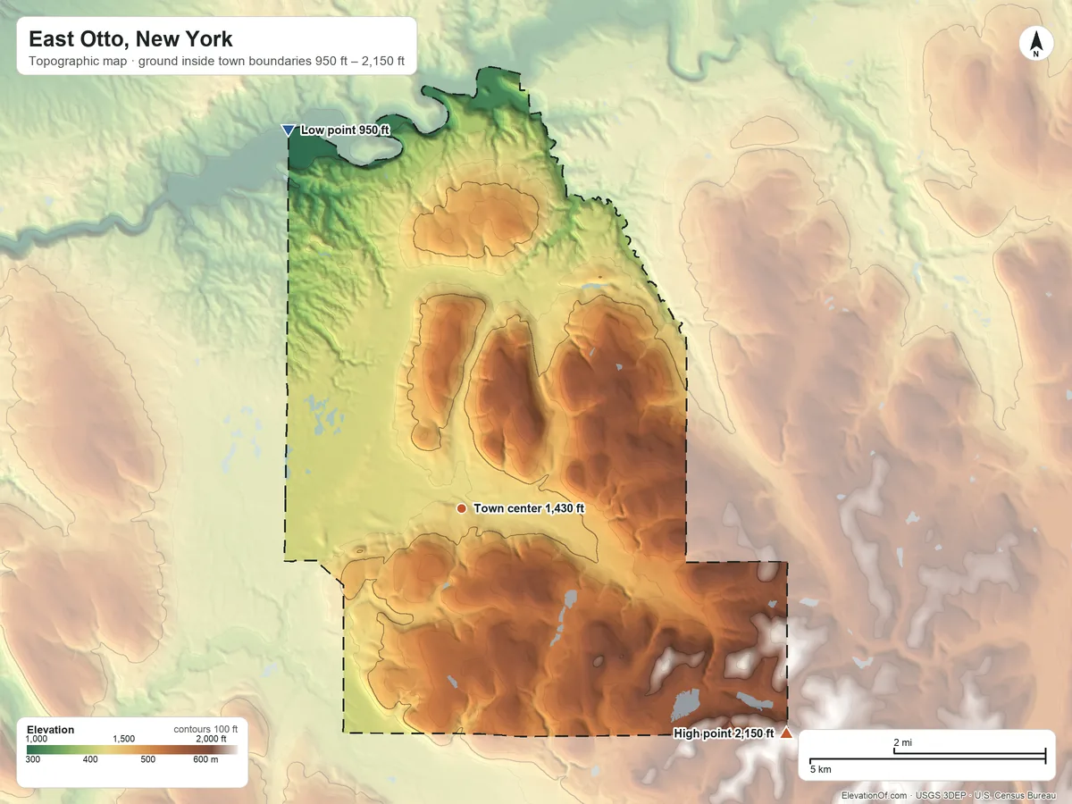 Topographic elevation map of East Otto, New York, shaded from 950 ft on the northwest side to 2,150 ft on the southeast side