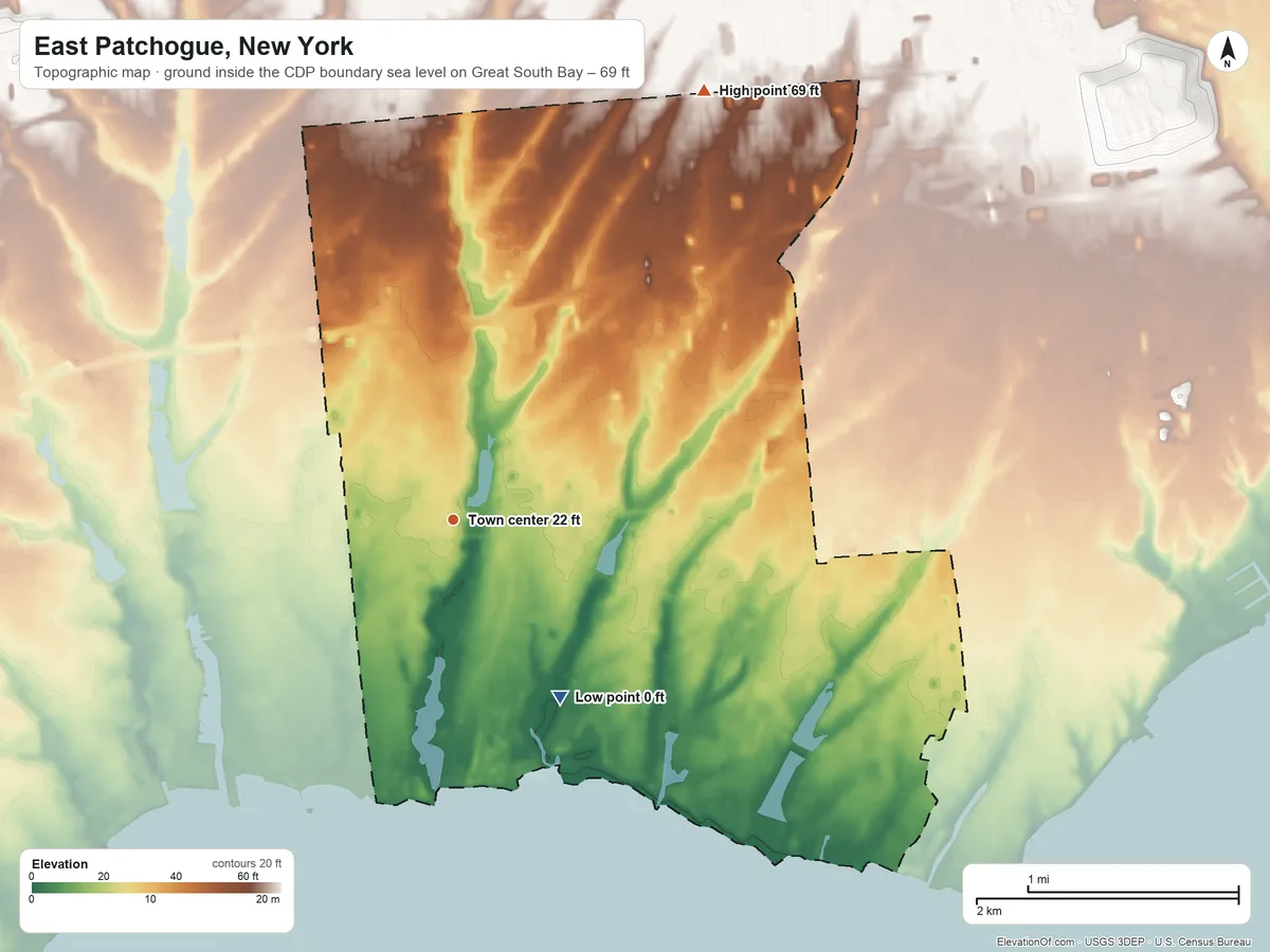 Topographic elevation map of East Patchogue, New York, shaded from sea level level on Great South Bay to 69 ft on the northeast side