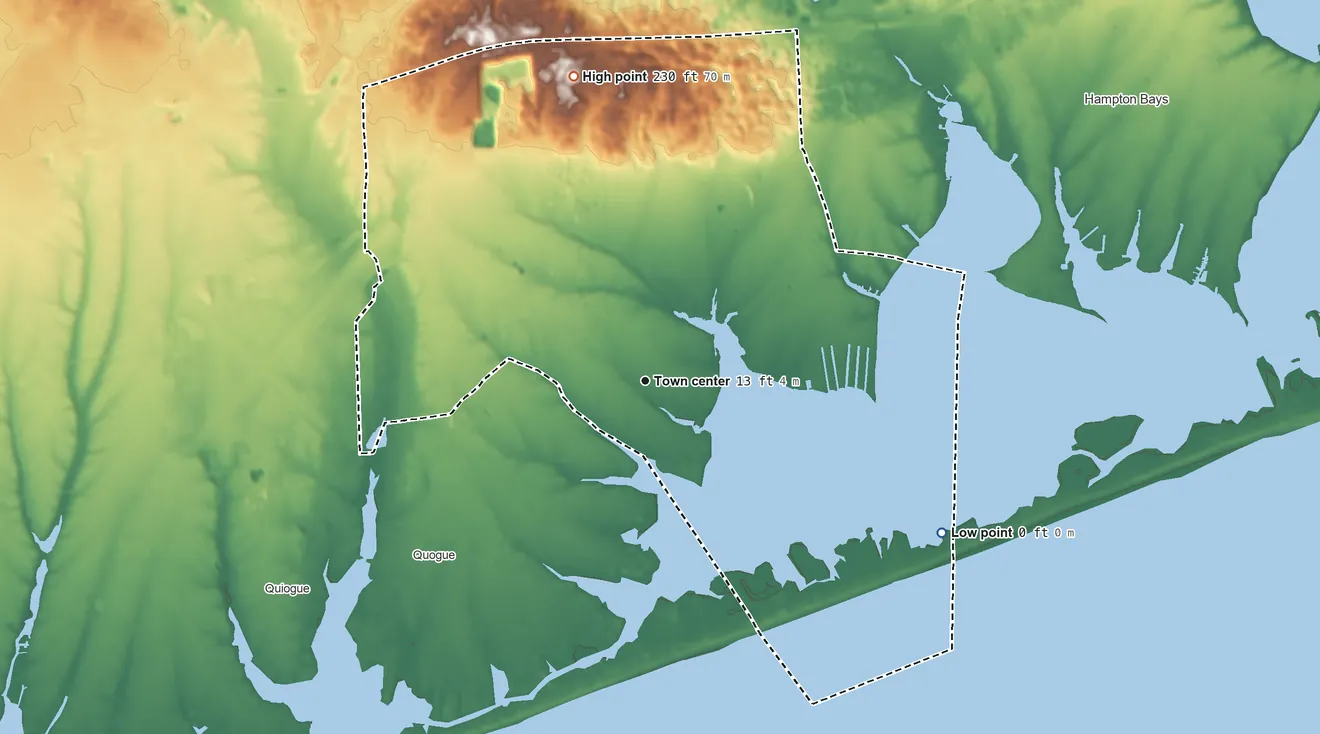 Topographic elevation map of East Quogue, New York, shaded from sea level level on Shinnecock Bay to 230 ft on the north side