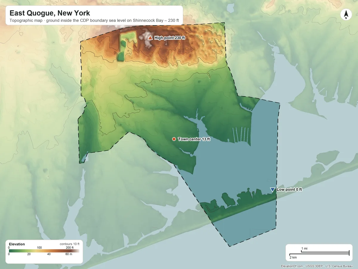 Topographic elevation map of East Quogue, New York, shaded from sea level level on Shinnecock Bay to 230 ft on the north side