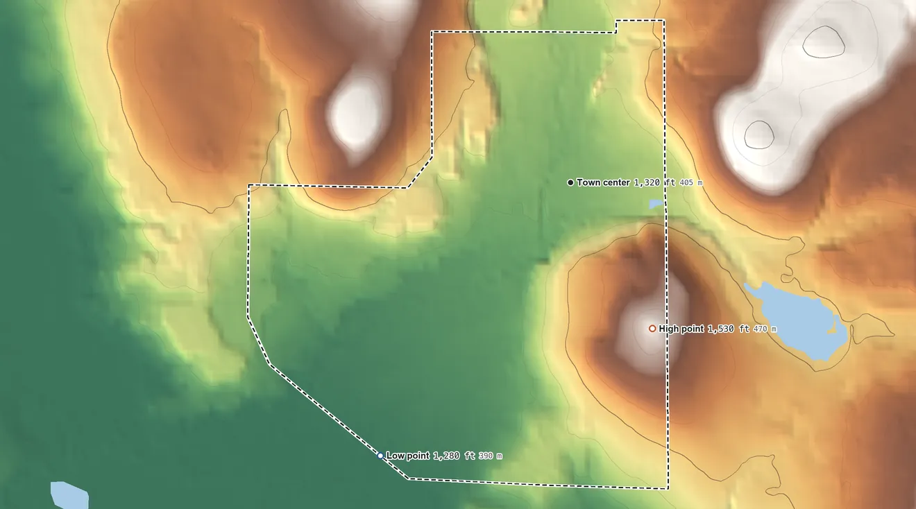 Topographic elevation map of East Randolph, New York, shaded from 1,280 ft on the southwest side to 1,530 ft on the southeast edge, below higher ground just outside