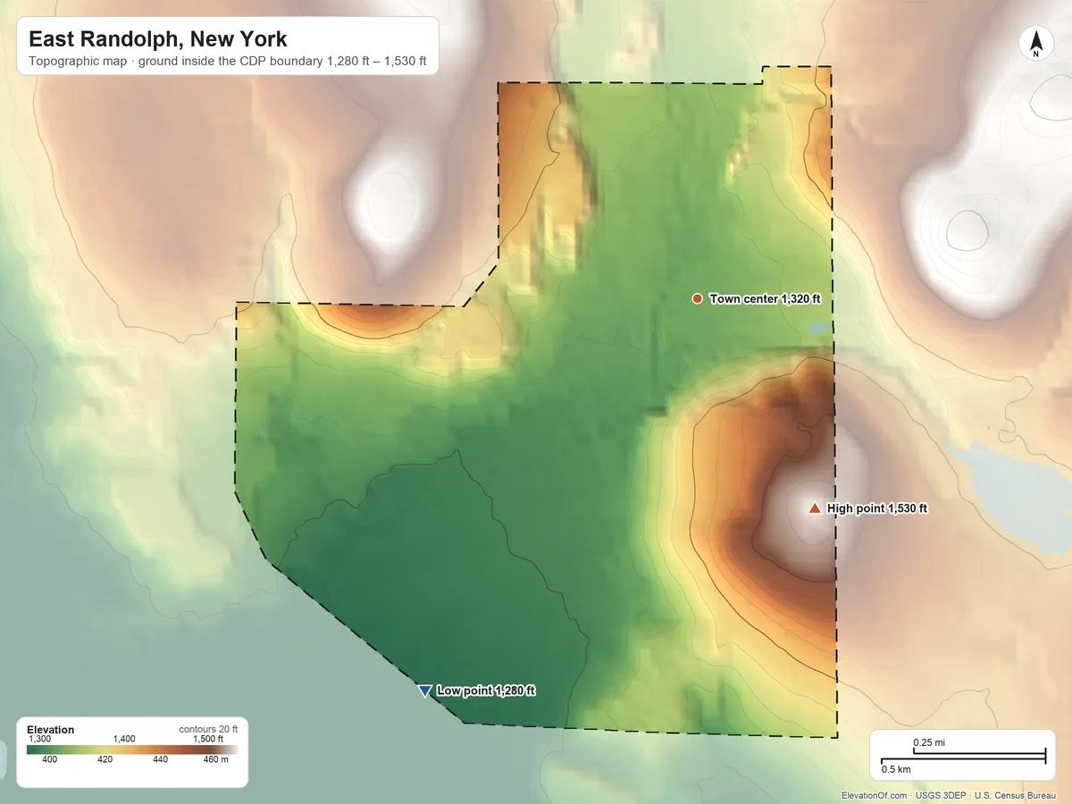 Topographic elevation map of East Randolph, New York, shaded from 1,280 ft on the southwest side to 1,530 ft on the southeast edge, below higher ground just outside