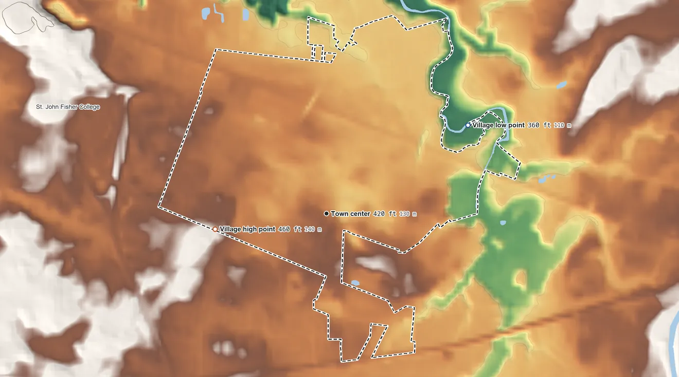 Topographic elevation map of East Rochester, New York, shaded from 360 ft on the northeast side to 460 ft on the west side