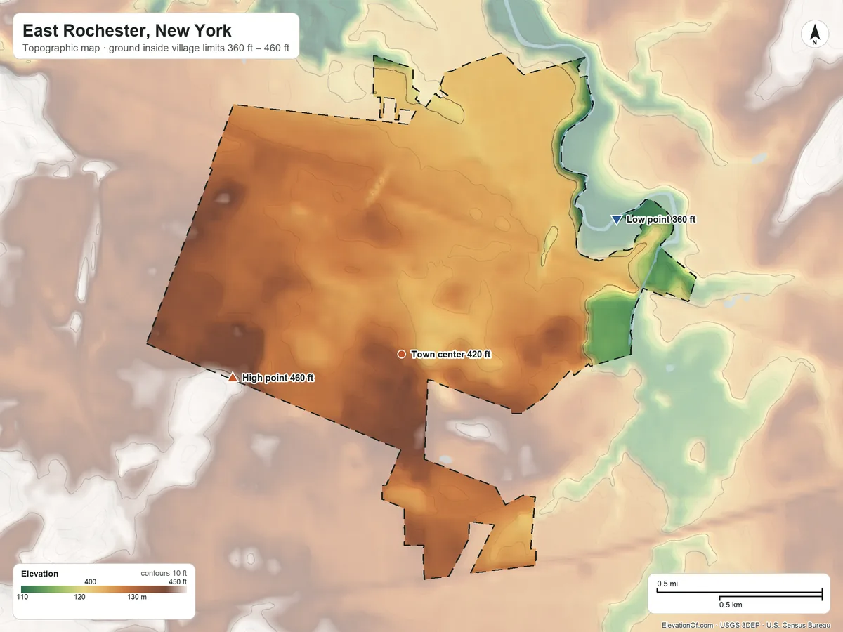 Topographic elevation map of East Rochester, New York, shaded from 360 ft on the northeast side to 460 ft on the west side