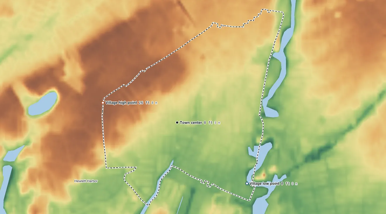 Topographic elevation map of East Rockaway, New York, shaded from sea level level on Hewlett Bay to 26 ft on the west side