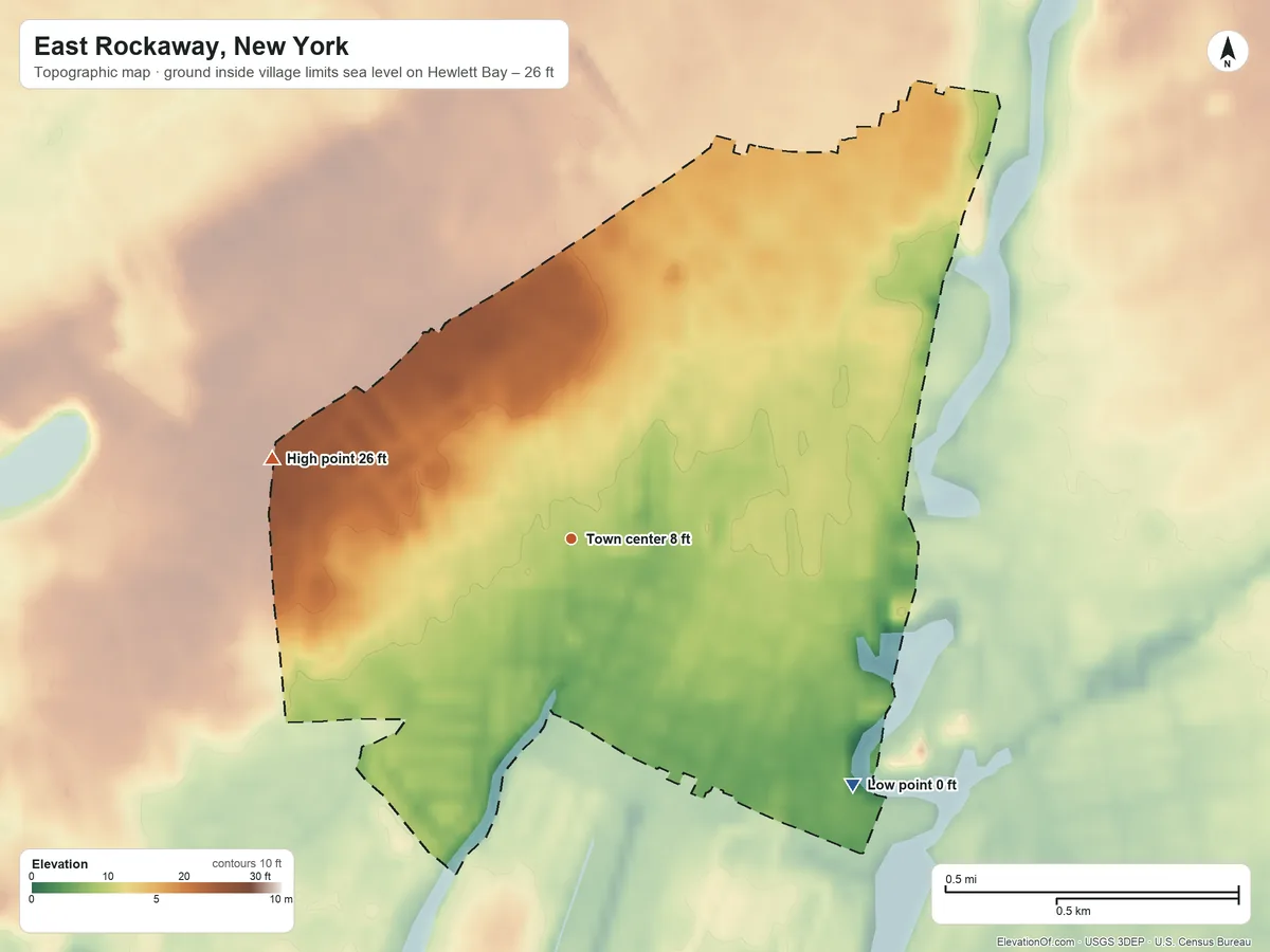 Topographic elevation map of East Rockaway, New York, shaded from sea level level on Hewlett Bay to 26 ft on the west side