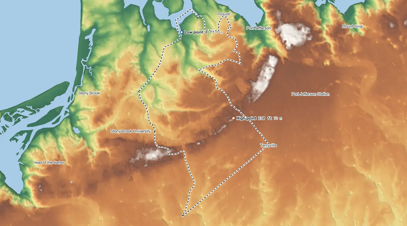 Topographic elevation map of East Setauket, New York, shaded from sea level level on Conscience Bay to 230 ft on the east side