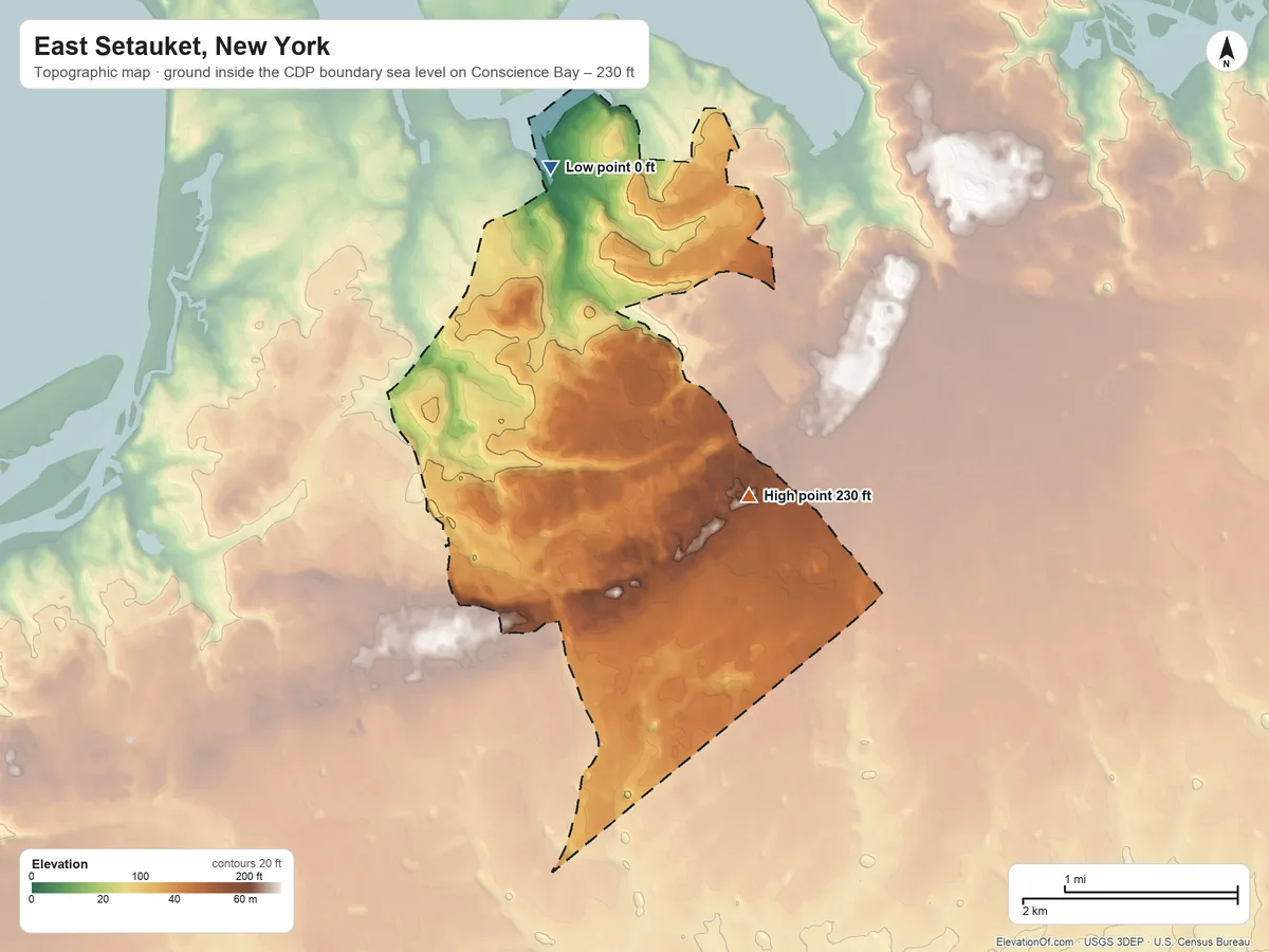 Topographic elevation map of East Setauket, New York, shaded from sea level level on Conscience Bay to 230 ft on the east side
