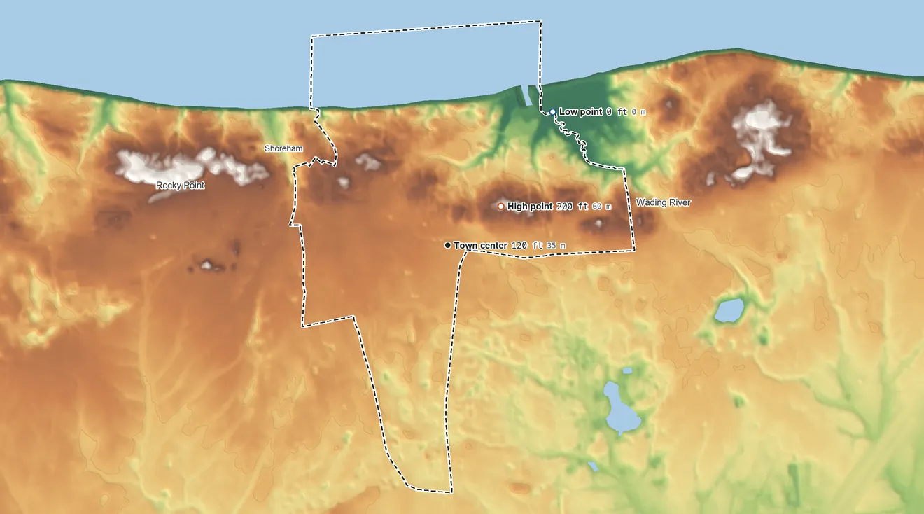 Topographic elevation map of East Shoreham, New York, shaded from sea level level on Long Island Sound to 200 ft on the northeast side