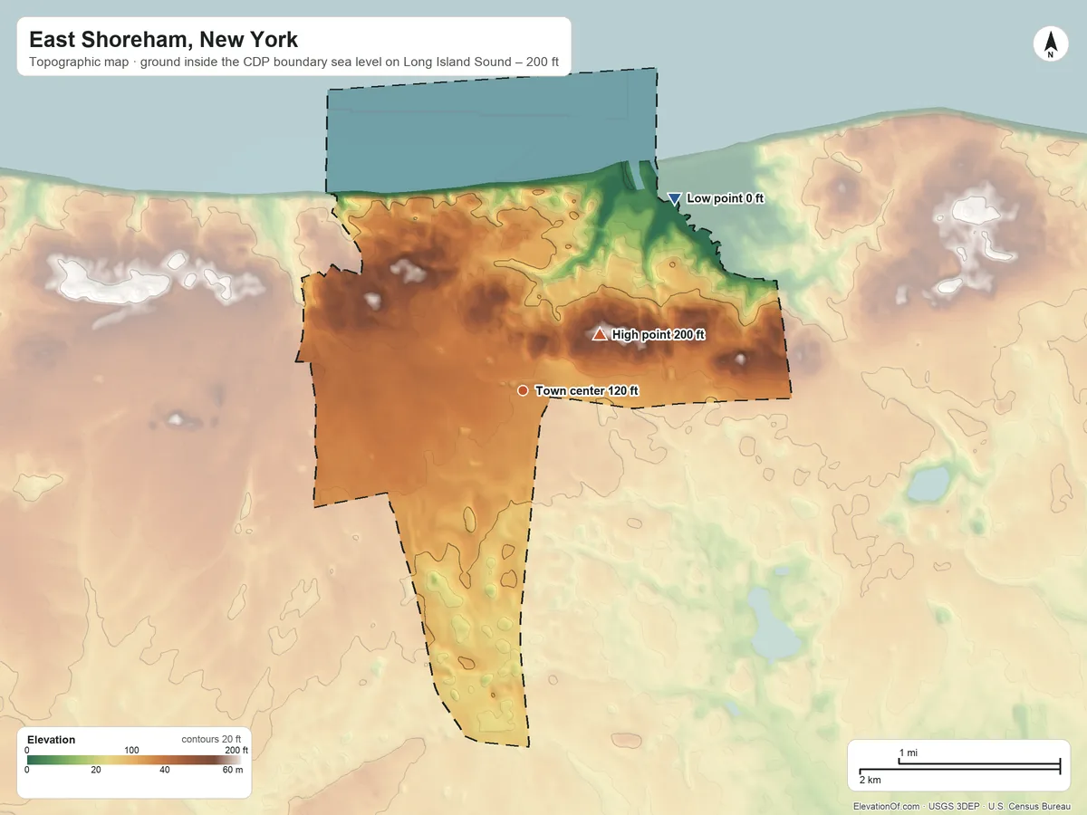 Topographic elevation map of East Shoreham, New York, shaded from sea level level on Long Island Sound to 200 ft on the northeast side