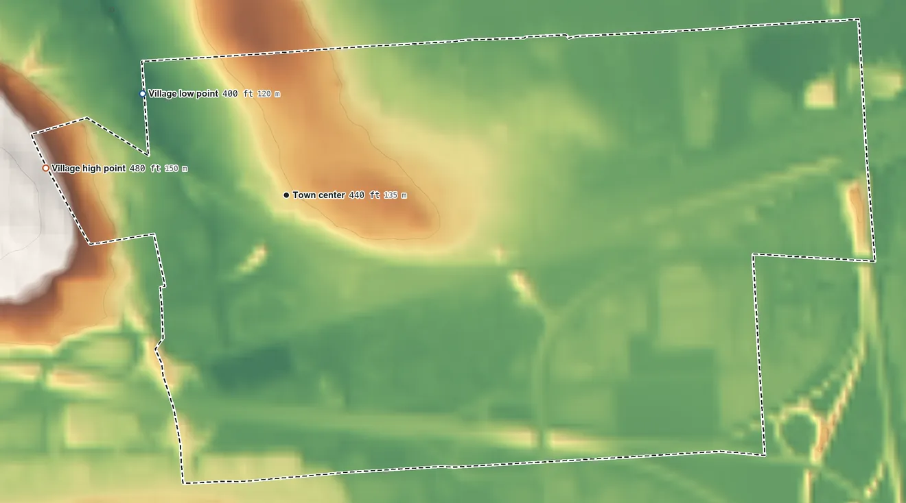 Topographic elevation map of East Syracuse, New York, shaded from 400 ft on the northwest side to 480 ft on the west side