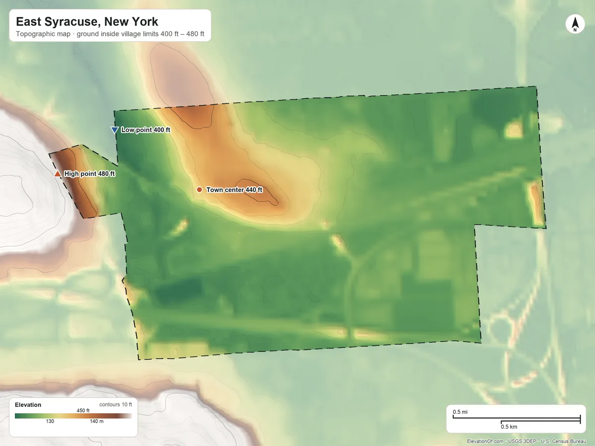 Topographic elevation map of East Syracuse, New York, shaded from 400 ft on the northwest side to 480 ft on the west side