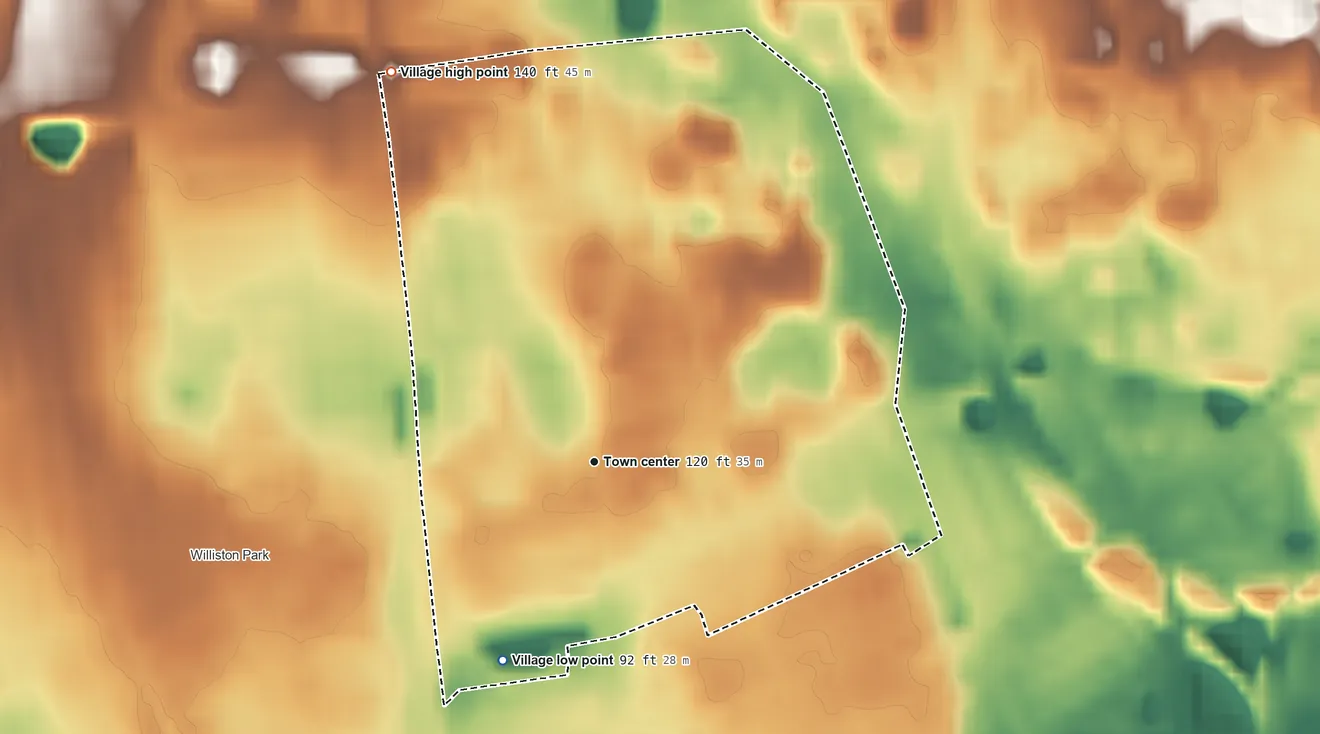 Topographic elevation map of East Williston, New York, shaded from 92 ft on the southwest side to 140 ft on the northwest side