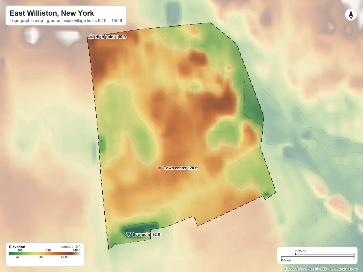 Topographic elevation map of East Williston, New York, shaded from 92 ft on the southwest side to 140 ft on the northwest side