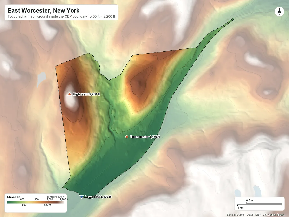 Topographic elevation map of East Worcester, New York, shaded from 1,400 ft on the southwest side to 2,200 ft on Stone Quarry Hill