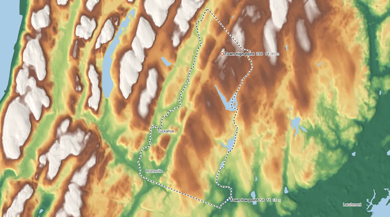 Topographic elevation map of Eastchester, New York, shaded from 58 ft on the south side to 280 ft on the northeast side