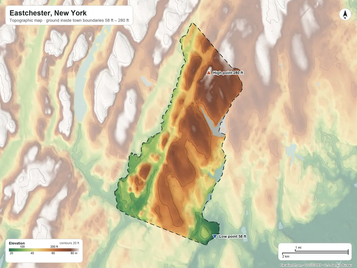 Topographic elevation map of Eastchester, New York, shaded from 58 ft on the south side to 280 ft on the northeast side