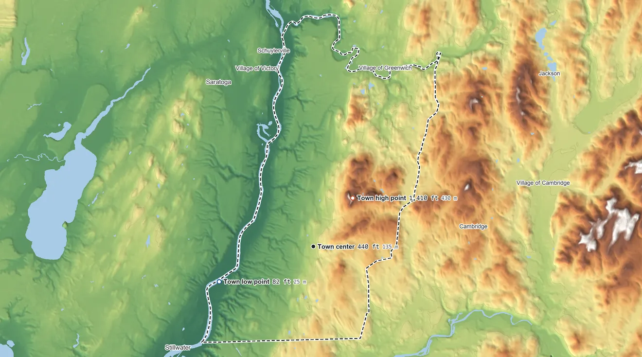 Topographic elevation map of Easton, New York, shaded from 82 ft on the west side to 1,410 ft on Willard Mountain