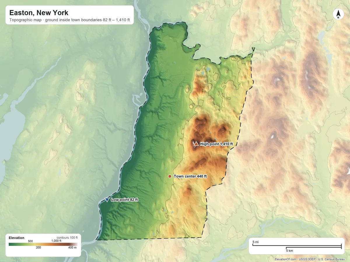 Topographic elevation map of Easton, New York, shaded from 82 ft on the west side to 1,410 ft on Willard Mountain