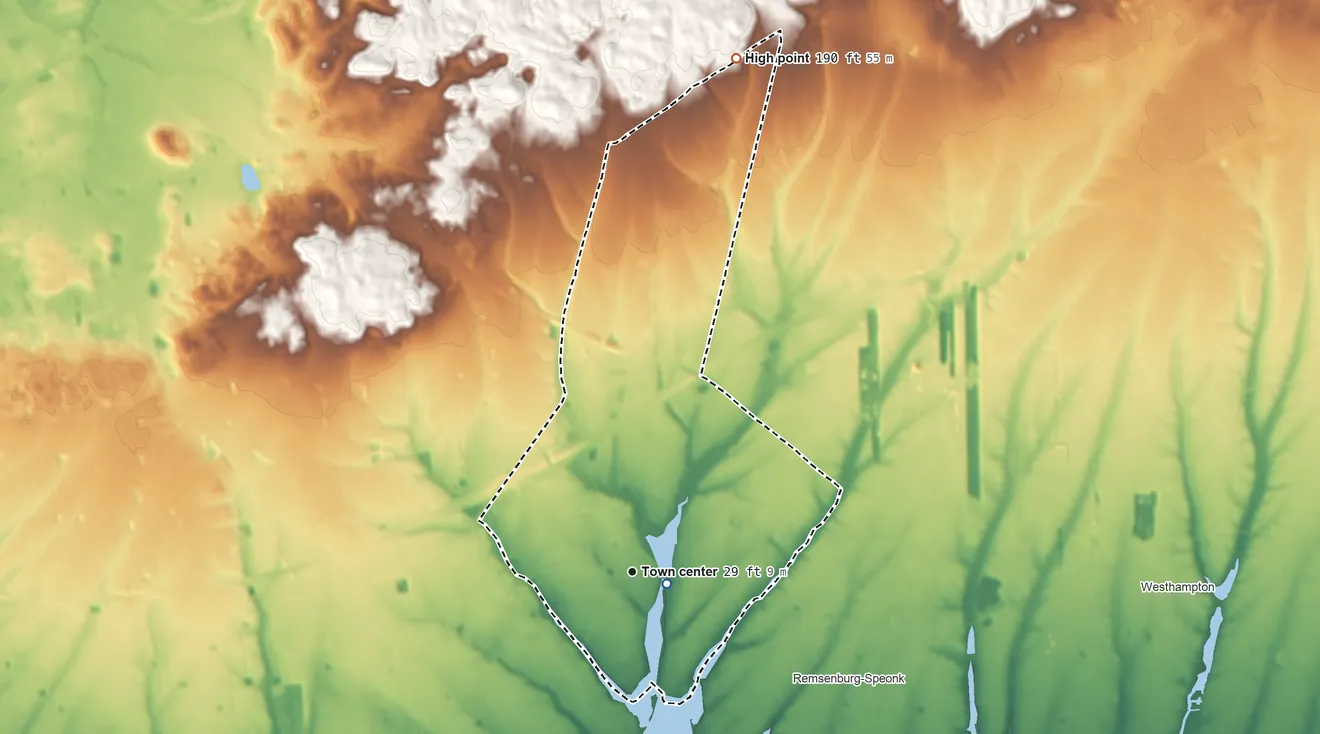 Topographic elevation map of Eastport, New York, shaded from 0 ft near the middle to 190 ft on the north side