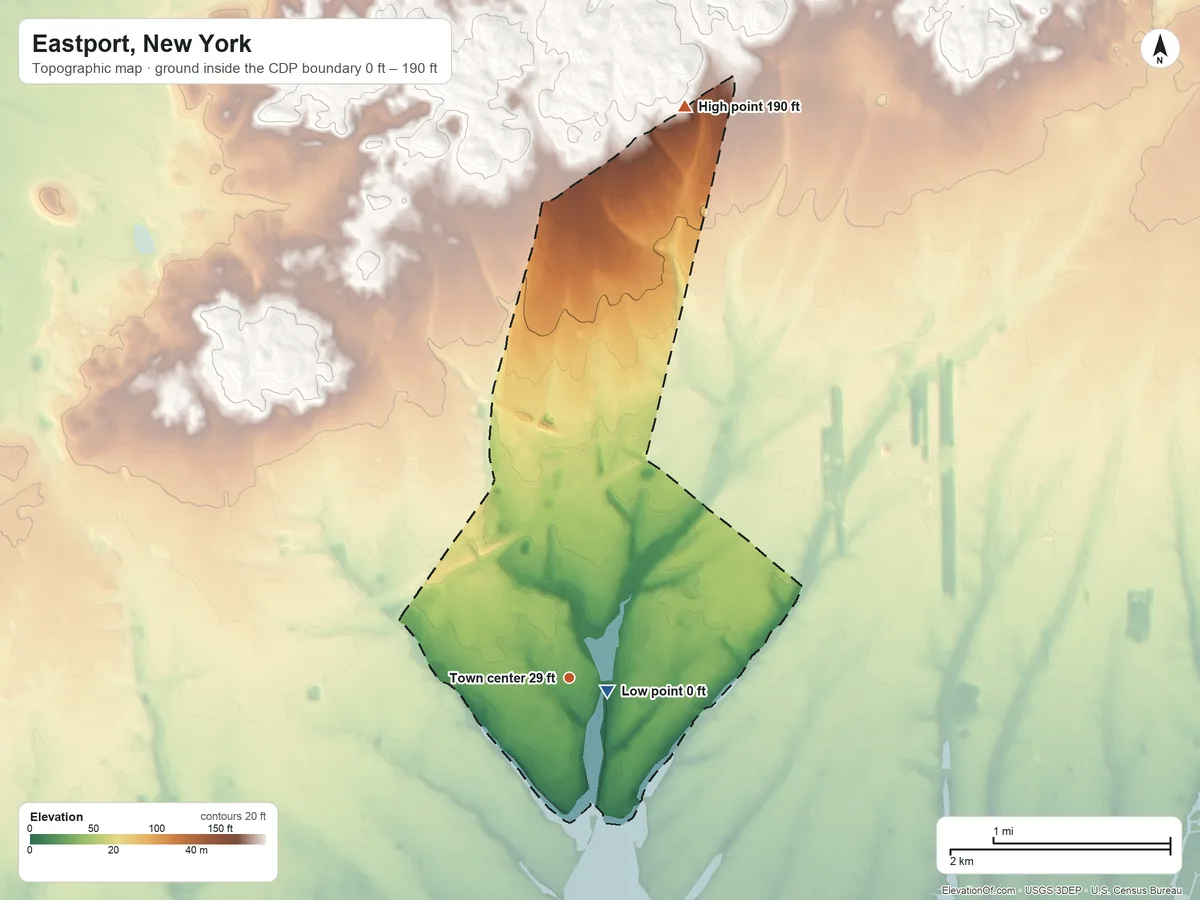 Topographic elevation map of Eastport, New York, shaded from 0 ft near the middle to 190 ft on the north side