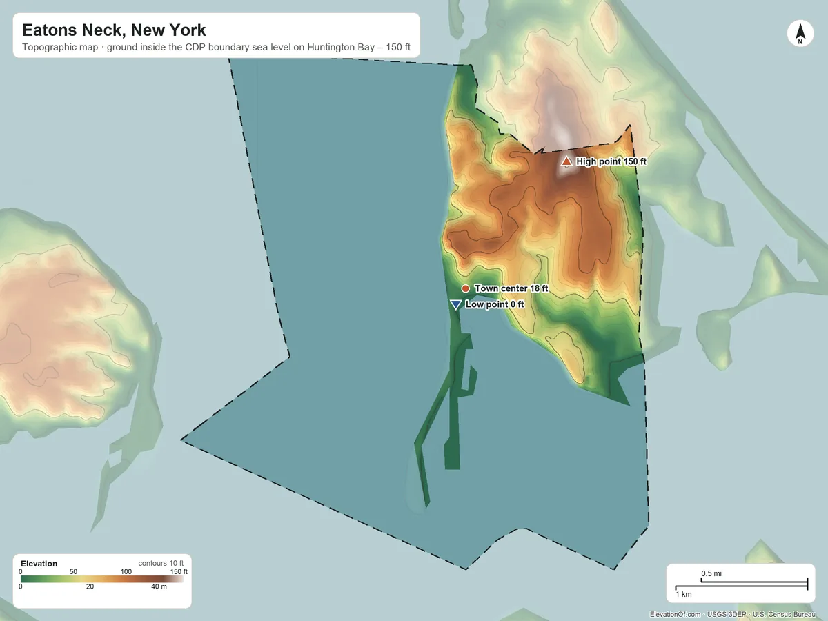Topographic elevation map of Eatons Neck, New York, shaded from sea level level on Huntington Bay to 150 ft on the northeast side