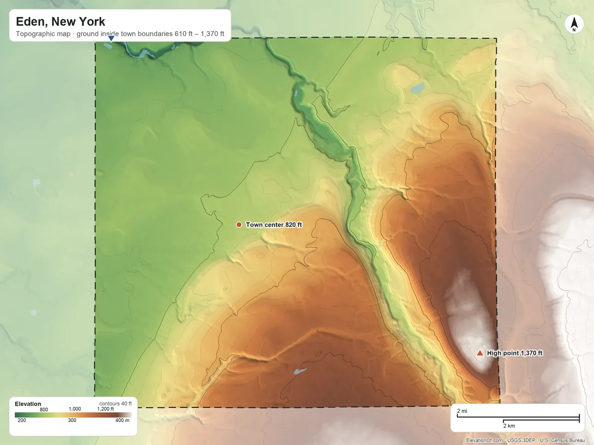 Topographic elevation map of Eden, New York, shaded from 610 ft on the northwest side to 1,370 ft on the southeast side