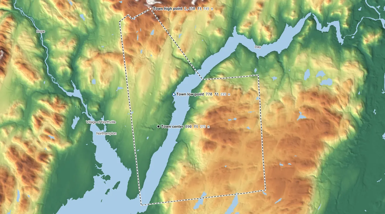 Topographic elevation map of Edinburg, New York, shaded from 770 ft on the northeast side to 2,450 ft on the north edge, below higher ground just outside