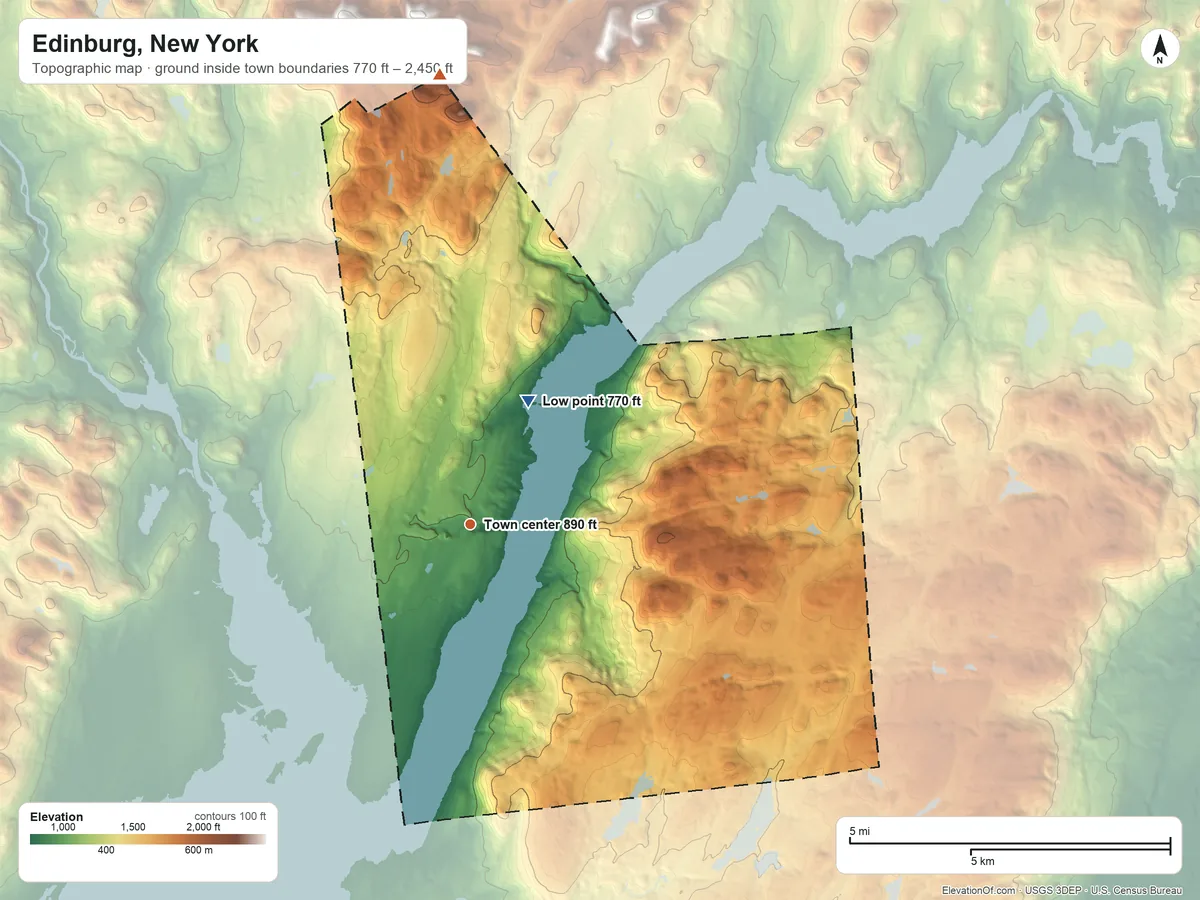 Topographic elevation map of Edinburg, New York, shaded from 770 ft on the northeast side to 2,450 ft on the north edge, below higher ground just outside