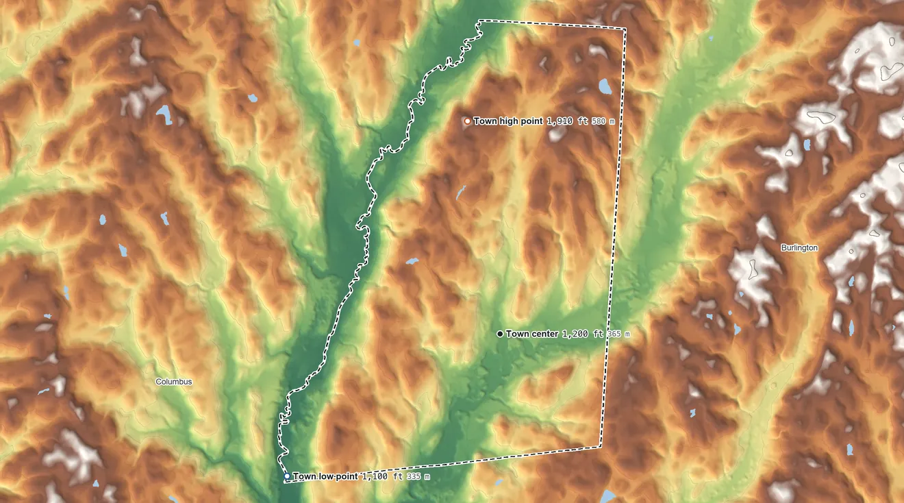 Topographic elevation map of Edmeston, New York, shaded from 1,100 ft on the southwest side to 1,910 ft on the north side